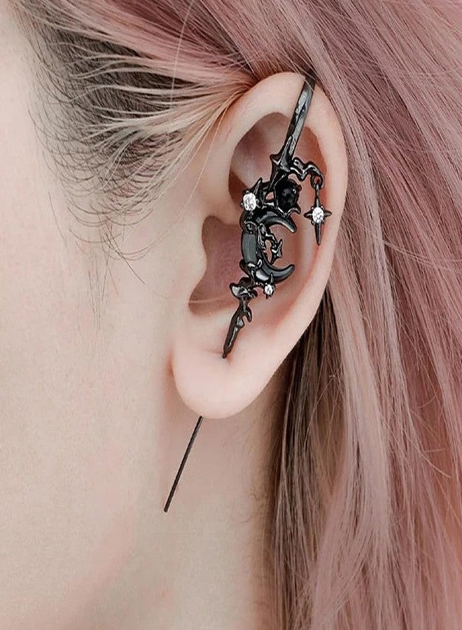 Uarein 2Pcs Myth of the Moon Ear Hook Needle Piercing Earring Goth Climber Crawler Earrings Vintage Punk Moons Wrap Earrings Jewelry Accessory Present for Women Wife (Black Moon) - Image 2